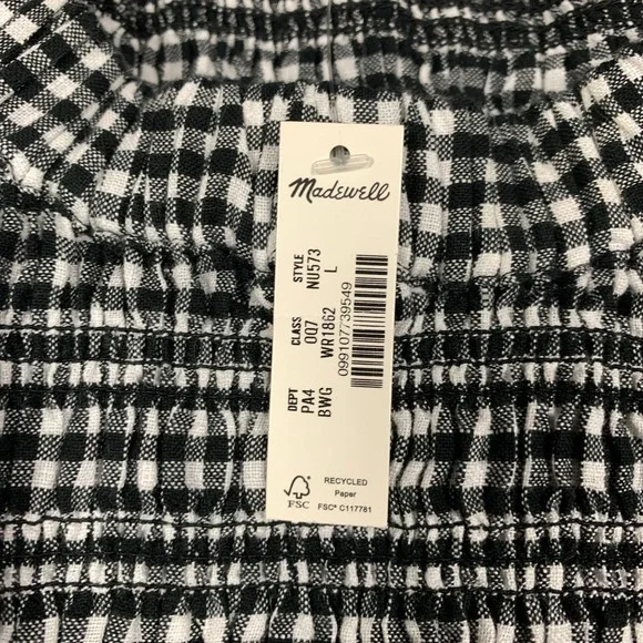 Madewell Mini Dress Size Large Black/White Gingham Smocked U-Neck Linen NWT $119 - Picture 4 of 11